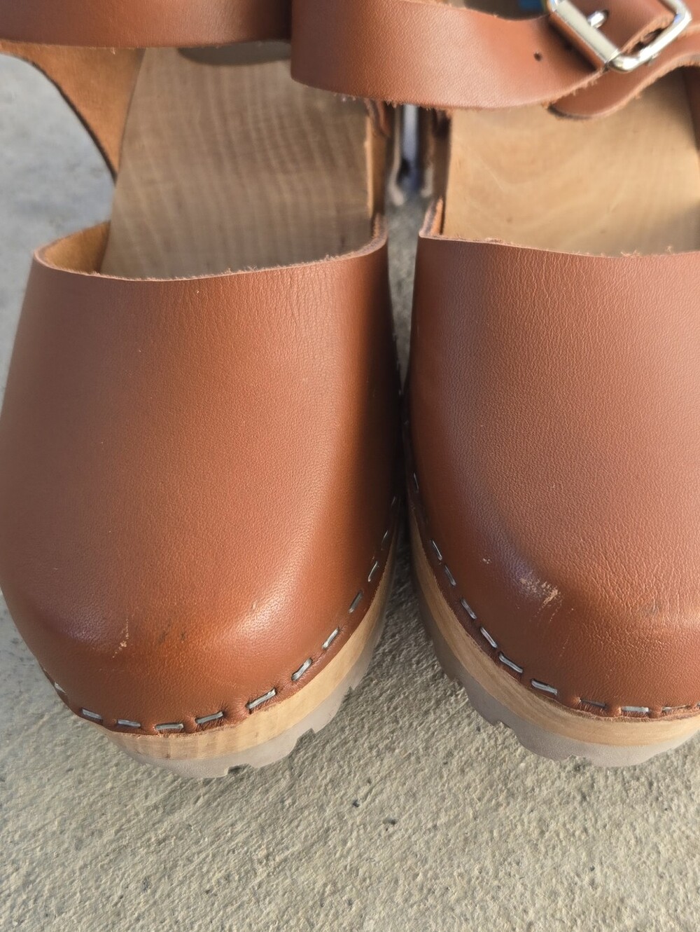 MIA Chestnut Brown Leather Clog Sandals with Buckle Strap - Picture 5 of 9